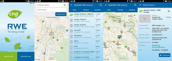 Aplikace pro vyhledávání CNG stanic. Zdroj: RWE