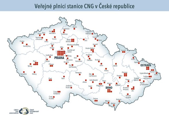 Mapa CNG stanic ze začátku června 2016. Zdroj: Český plynárenský svaz