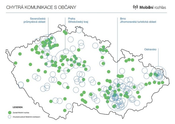 Mapa pokrytí republiky mobilním rozhlasem. Zdroj: Neogenia