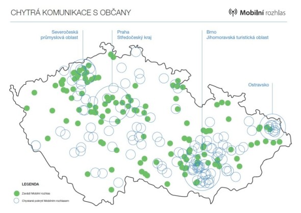 Mapa pokrytí Mobilním rozhlasem. Zdroj: Neogenia