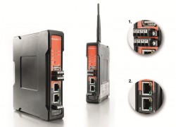 Weidmüller Gigabit Security Router: zabezpečená komunikace mezi ethernetovými sítěmi s integrovanými funkcemi vzdálené údržby v průmyslových sítích prostřednictvím VPN. Detail 1: předkonfigurované připojení VPN může být aktivováno nebo deaktivováno a připojení k portu WAN odpojeno prostřednictvím digitálního vstupu na routeru nebo s využitím softwaru z integrované serveru Modbus TCP. Detail 2: gigabitové rozhraní na obou ethernetových portech umožňuje dosáhnout nejvyšší kapacity přenosu dat i v případě šifrovaných přenosů přes VPN.